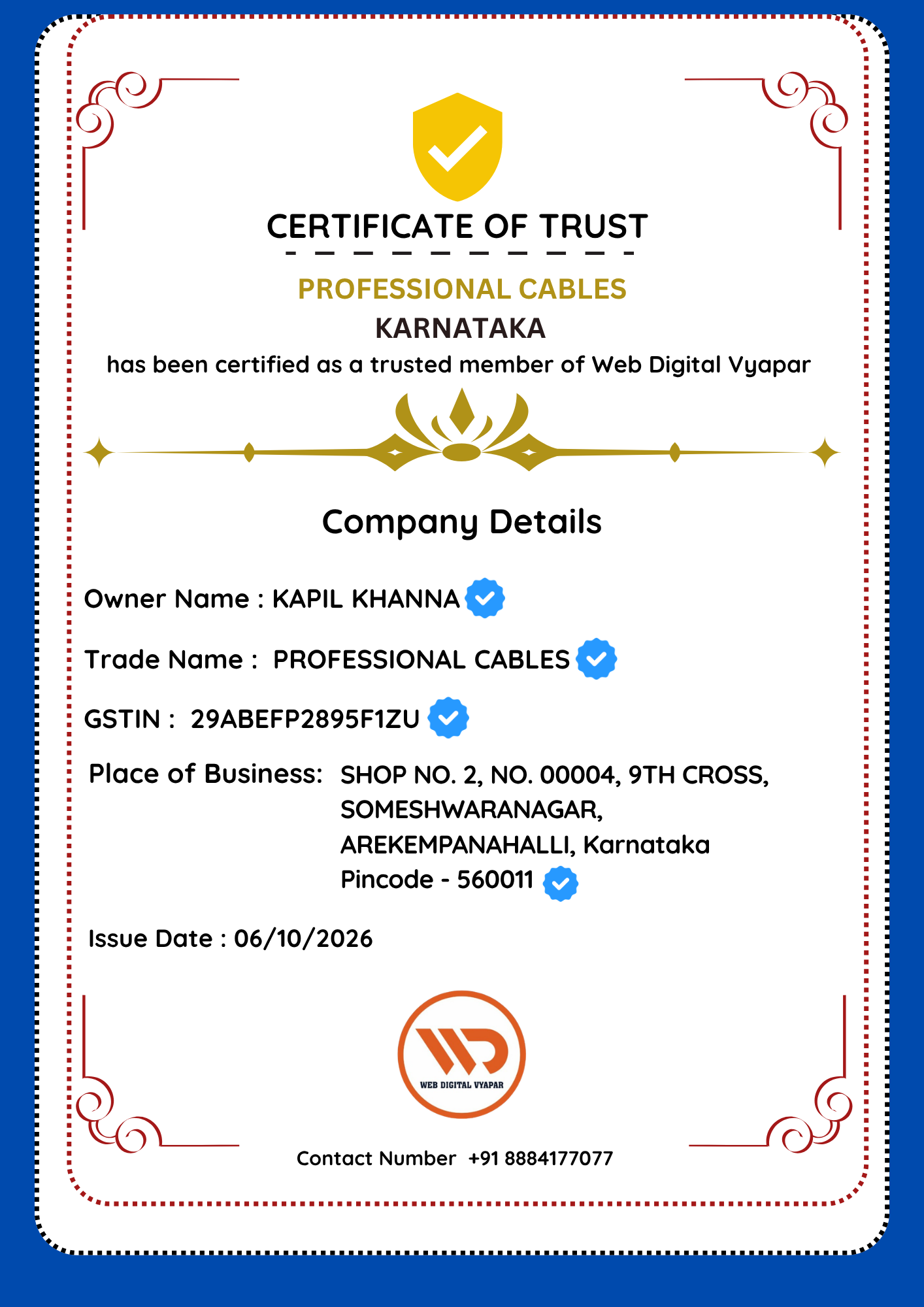 Professional Cables Trust Certificate
